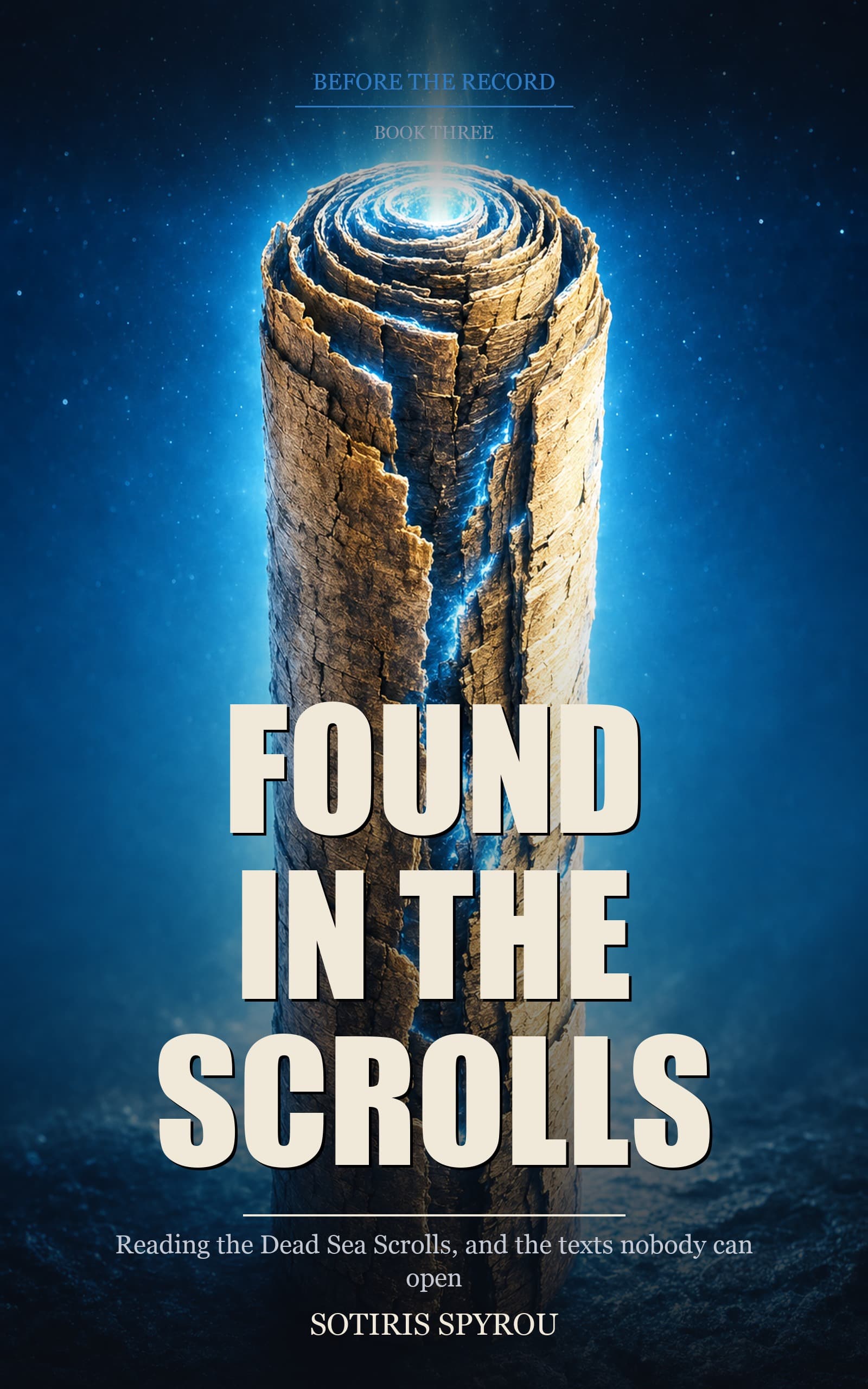 Cover of Found in the Scrolls: a carbonised papyrus scroll standing upright, cold blue light escaping between its cracked layers