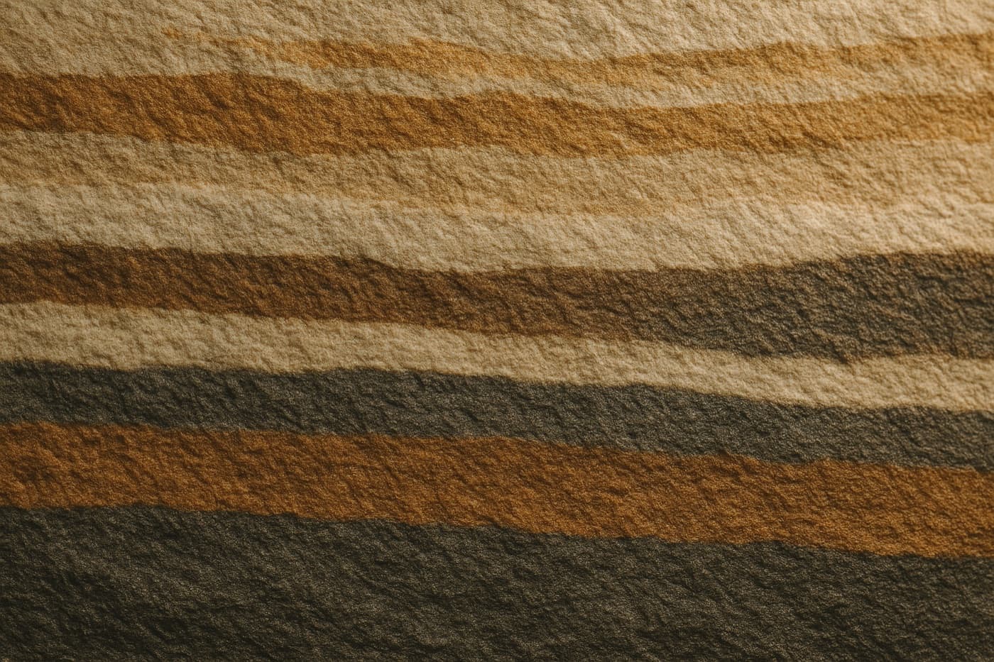 Macro photograph of layered sedimentary rock in cross section, bands of bone, ochre and charcoal lit from the upper right