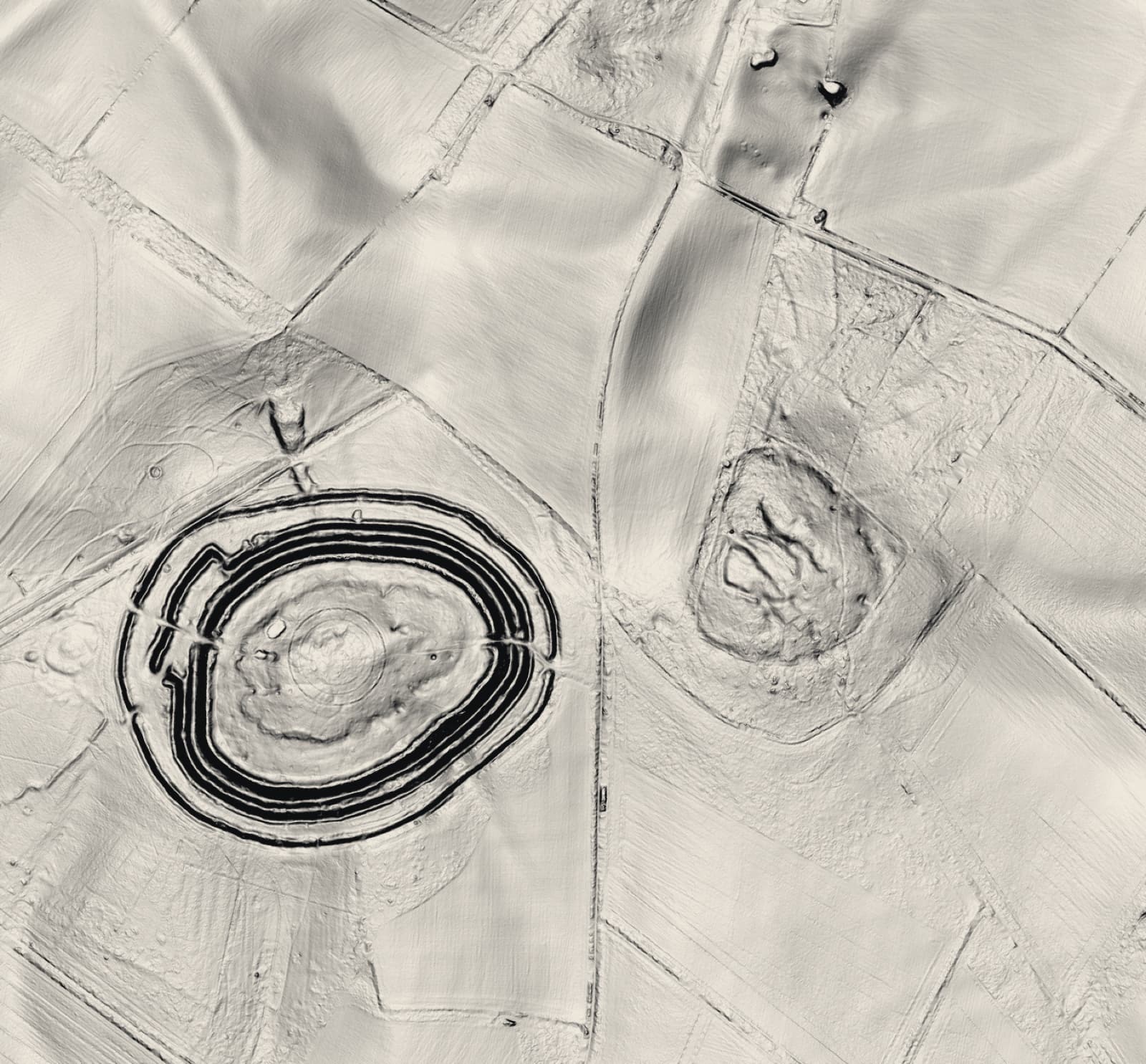 Lidar hillshade of Badbury Rings, Dorset: concentric Iron Age ramparts with Roman roads crossing the surrounding landscape